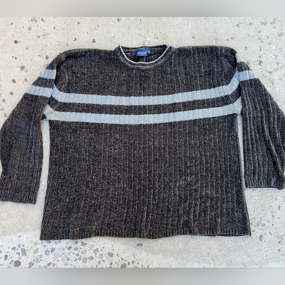 Vintage Y2K Sideout Striped Crew neck Sweater Black Grey 2000s Size XL Pullover